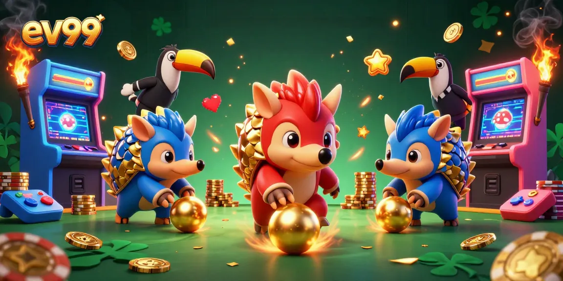 ev99 pangolins compete for golden balls amidst poker chips in a vibrant 3D casino-style scene.