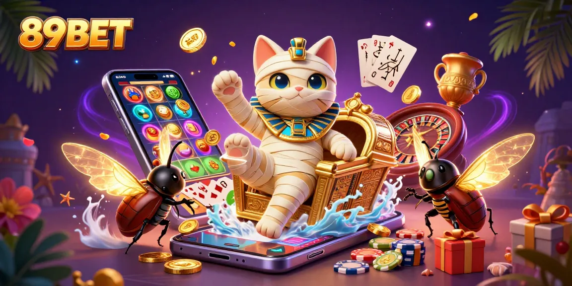 Engage with 89BET’s vibrant casino scene featuring an Egyptian mummy cat and golden elements.