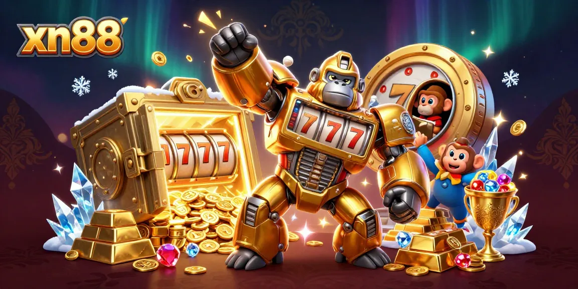 Engage in thrilling xn88 slots as a golden gorilla mech unleashes jackpots and treasures.