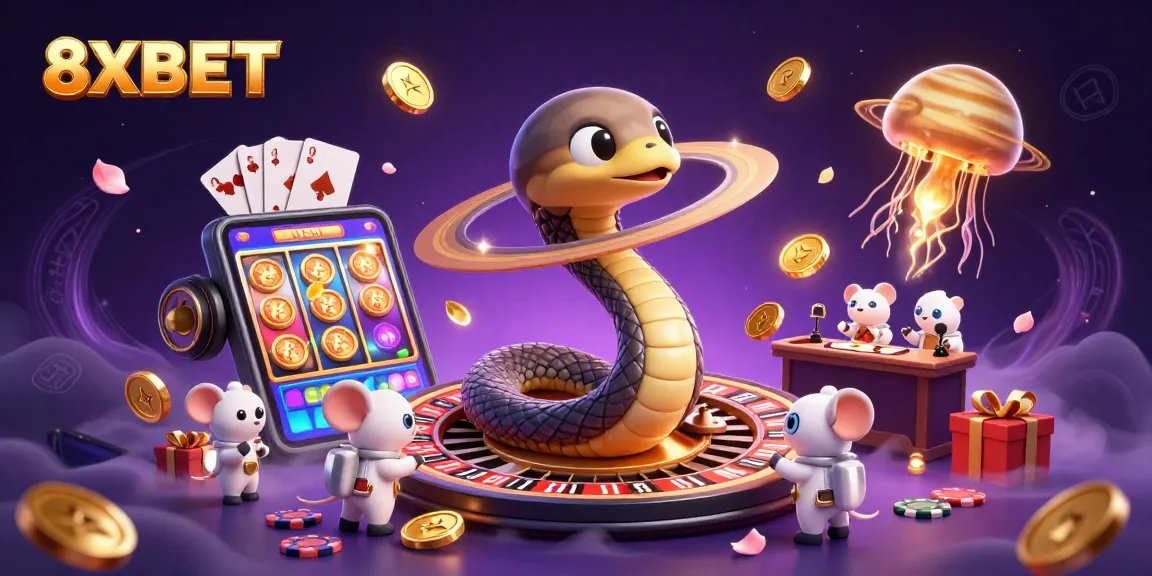 Engage with 8XBET’s cosmic betting scene featuring playful astronaut mice and a radiant jellyfish dealer.