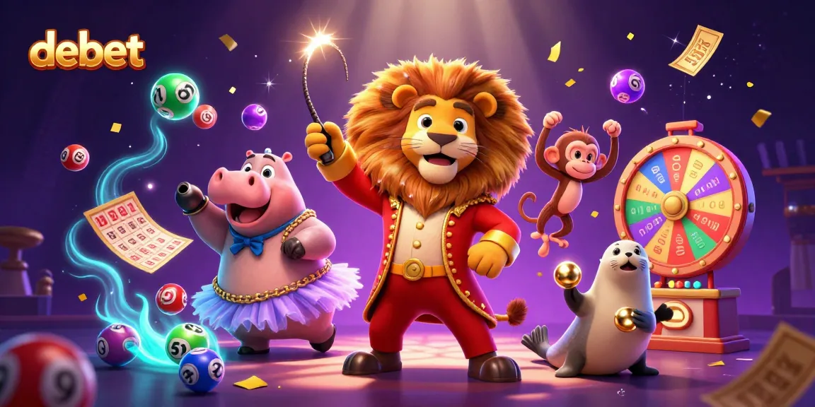 Experience thrilling gaming moments with debet's vibrant casino-themed illustration featuring charming circus characters.