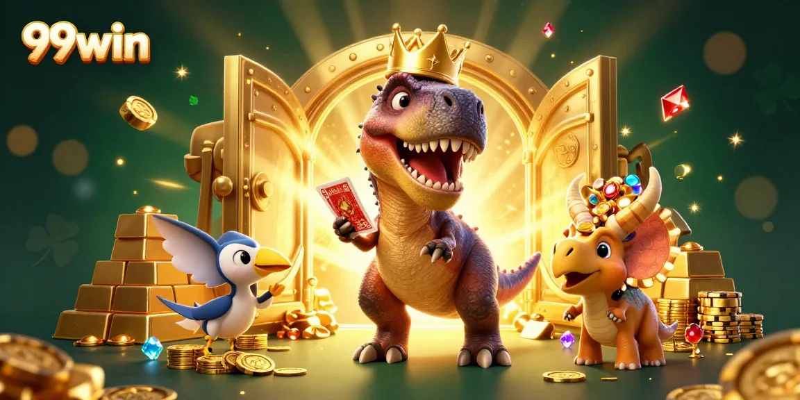 Experience exciting gameplay with 99win as the T-Rex shuffles cards amidst a treasure scene.