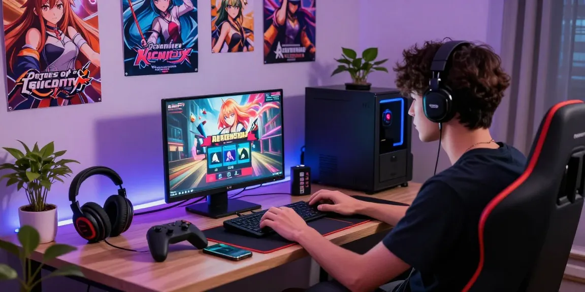 Playing Degrees of Lewdity in a vibrant gaming nook filled with character posters and gaming gear