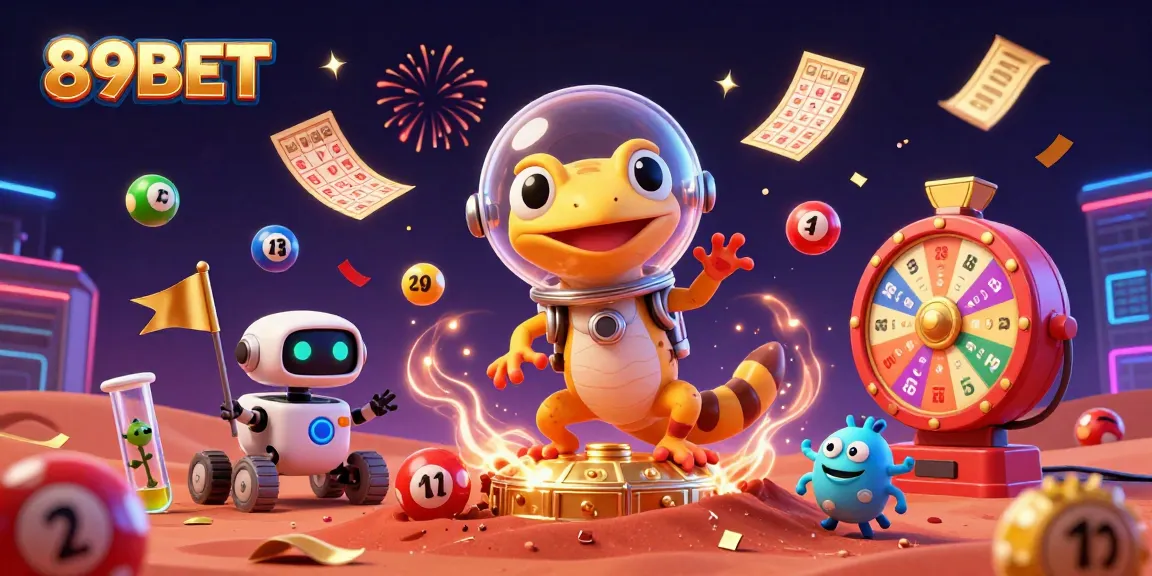 Engage with 89BET as Martian gecko discovers a golden casino, surrounded by vibrant gambling elements.