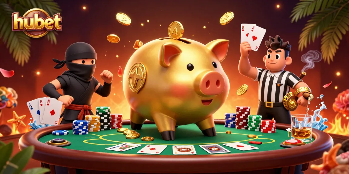 Witness the hubet excitement with a golden piggy bank sumo wrestler and a wallet-ninja at a rich poker table.