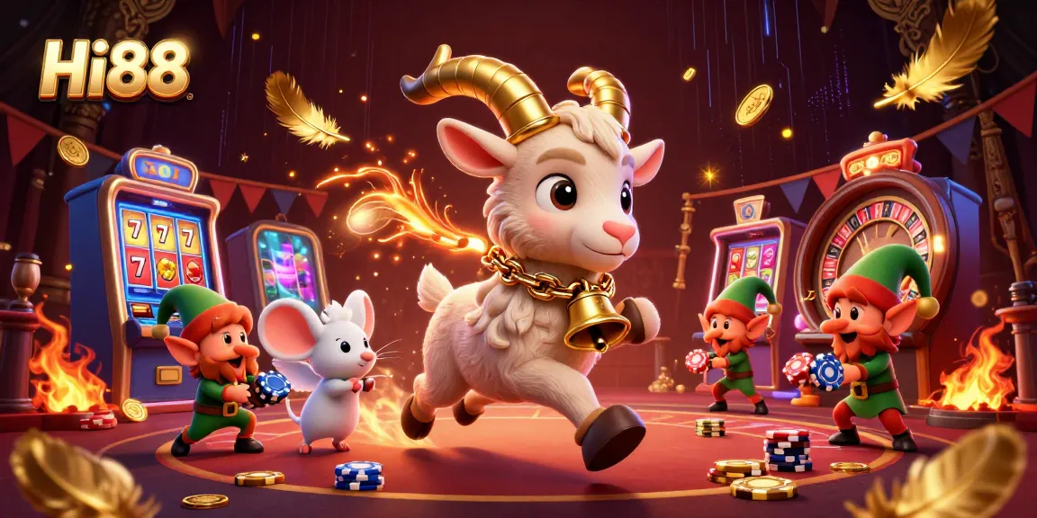 Experience thrilling gameplay at Hi88 with a chaotic casino scene featuring mischievous elf gremlins and a festive Krampus.