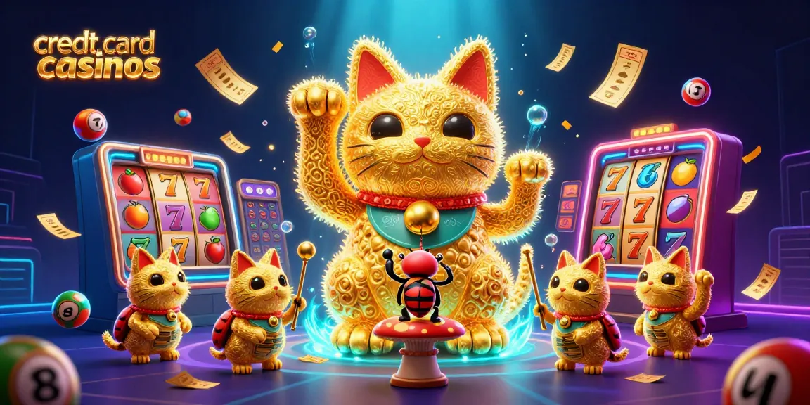 Engage with thrilling credit card casinos featuring golden fireflies and vibrant casino symbols.