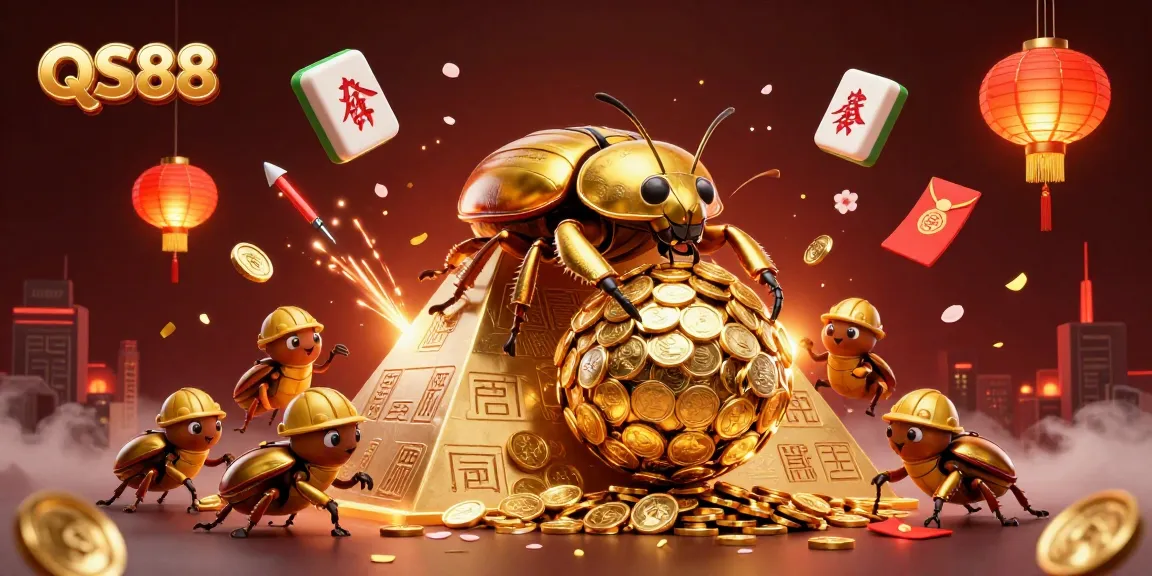 Join the excitement at QS88 with a vibrant casino scene featuring golden beetles and festive symbols.