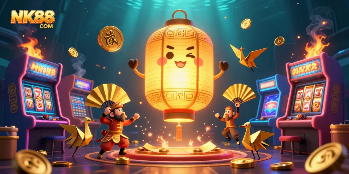 Experience vibrant gaming with NK88 COM's dynamic 3D casino scene featuring golden lantern spirit and game machines.