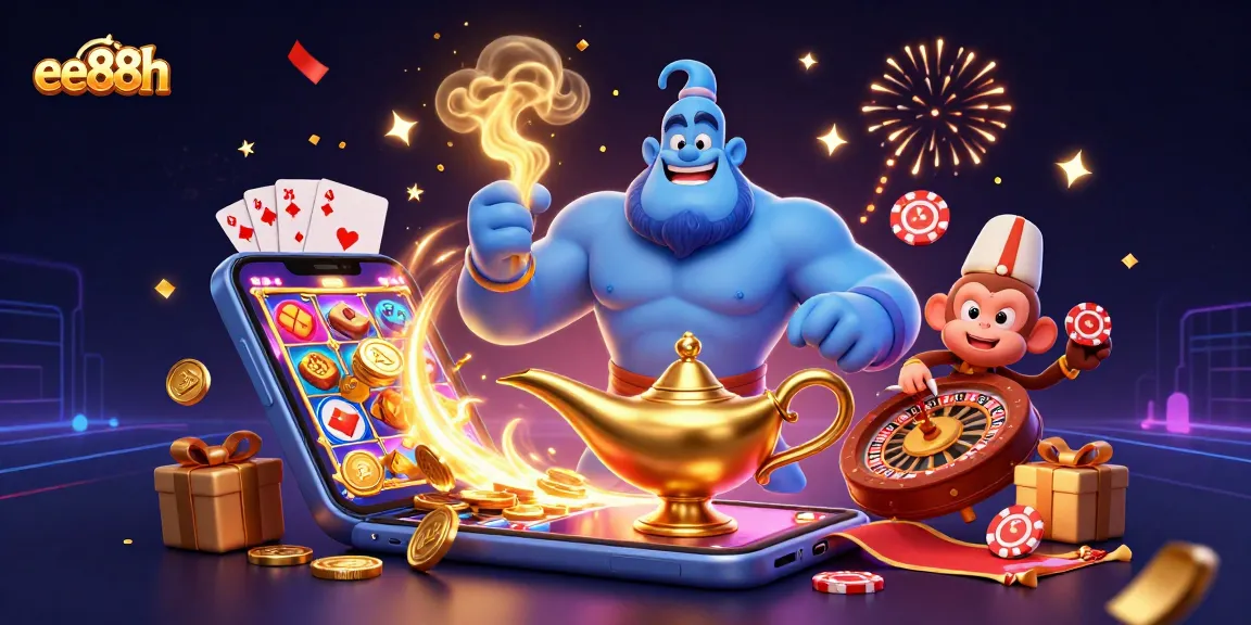 Experience excitement at ee88h with a vibrant casino scene featuring a genie, poker chips, and joyful game elements.