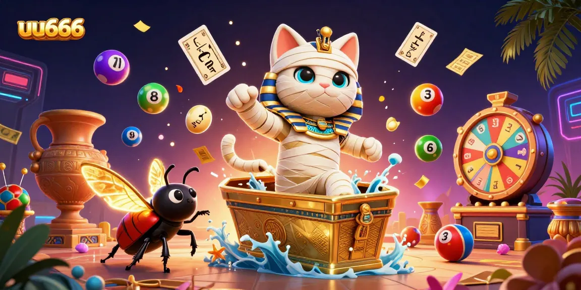 Join the fun and excitement at uu666 with a vibrant casino scene featuring a golden mummy cat and dynamic lottery elements.