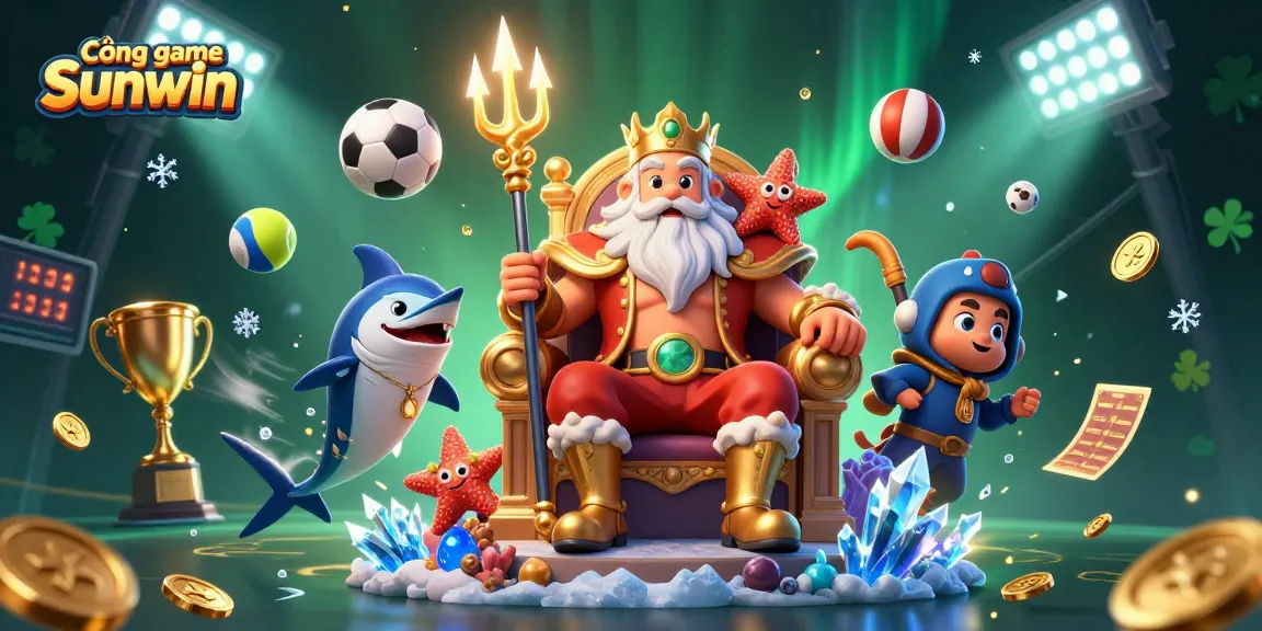 Cổng game Sunwin features a vibrant, dynamic illustration with Neptune and his samurai guardian amidst sports elements.
