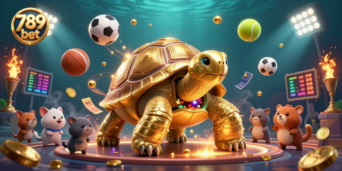 Engage with 789 bet through an exciting 3D casino scene featuring a golden tortoise pinball machine and sports elements.
