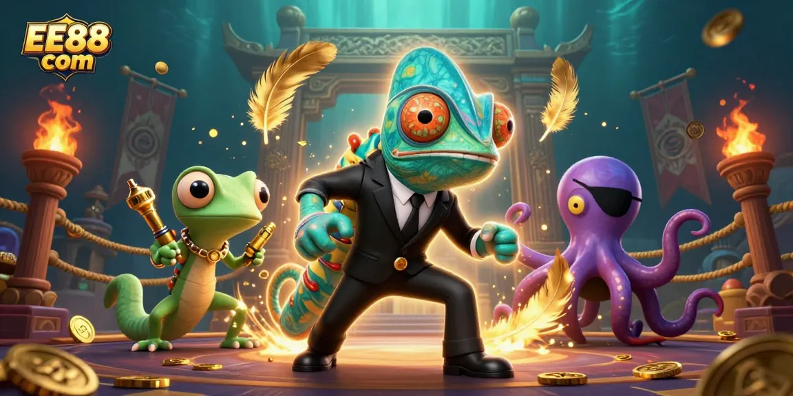 Engage with EE88 com's thrilling gaming experience featuring vibrant characters in a colorful casino scene.