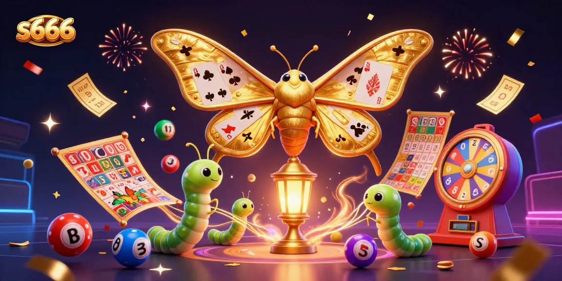 S666 offers an engaging casino experience with colorful lottery balls and a vibrant moth illustration showcasing exciting gaming elements.
