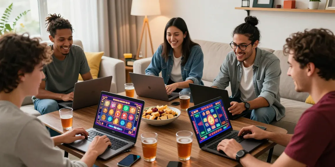 Exciting group of friends enjoying new online casinos at home.