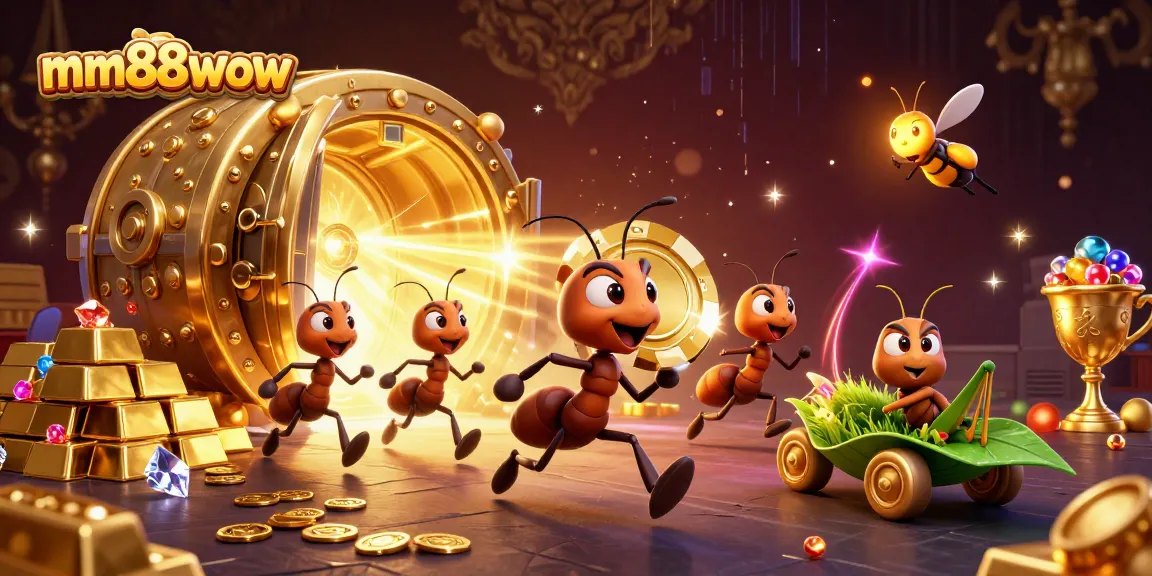 mm88wow mascot ants executing a thrilling casino heist with golden treasures in a vibrant, dynamic scene