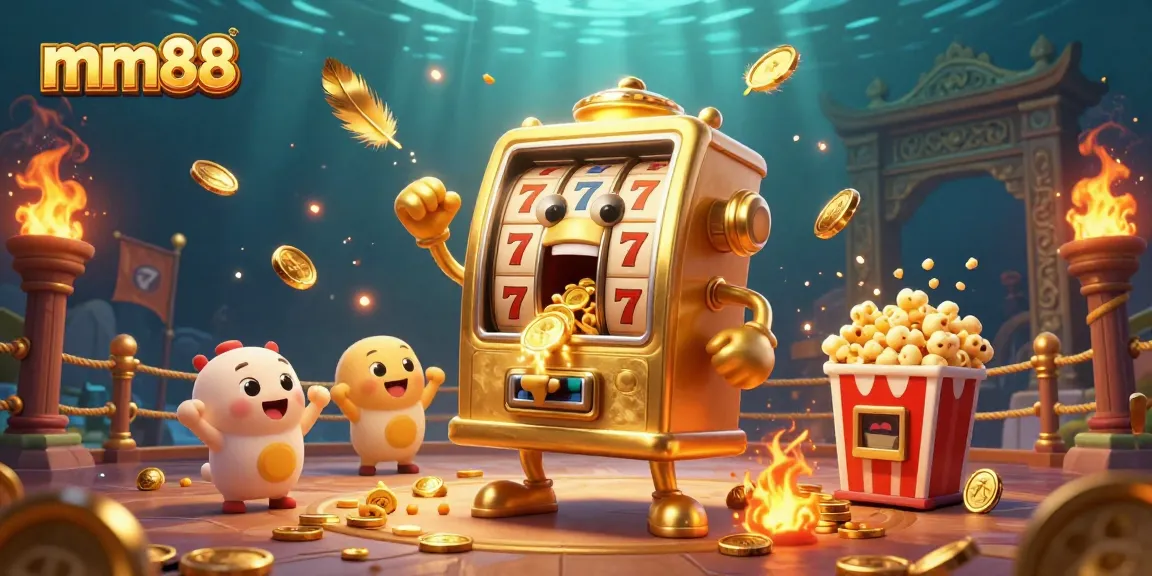 Experience the thrills of mm88 with a golden slot machine celebrating a jackpot amidst a vibrant casino scene.
