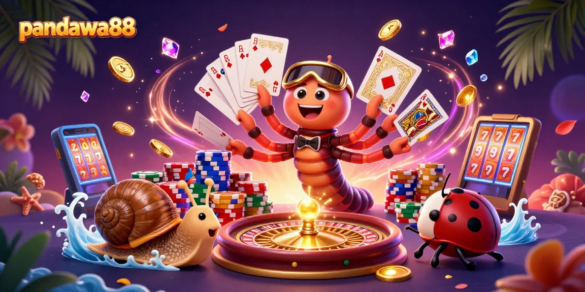 Engage with pandawa88's vibrant casino scene featuring dynamic 3D characters, sparkling gems, and colorful chips.