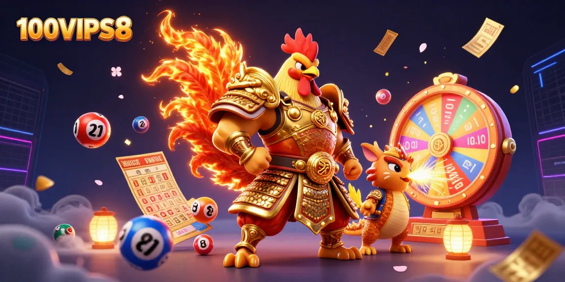 Play exciting games at 100VIPS8 as a rooster warrior joins a dragon in thrilling casino adventures.