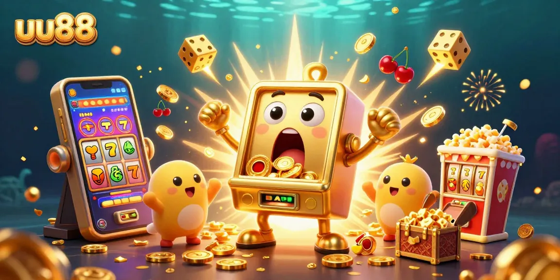 Join the excitement at uu88 with a vibrant jackpot scene featuring animated slot machines, coins, and colorful game elements.