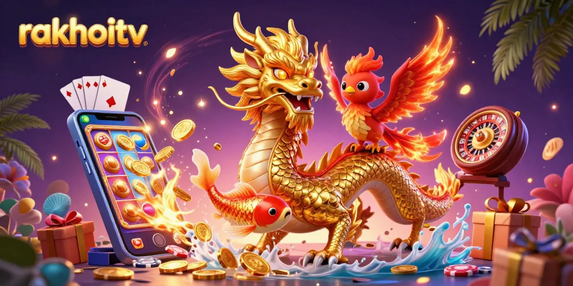 Experience online betting excitement with rakhoitv's vibrant 3D casino scene featuring dragons and coins.