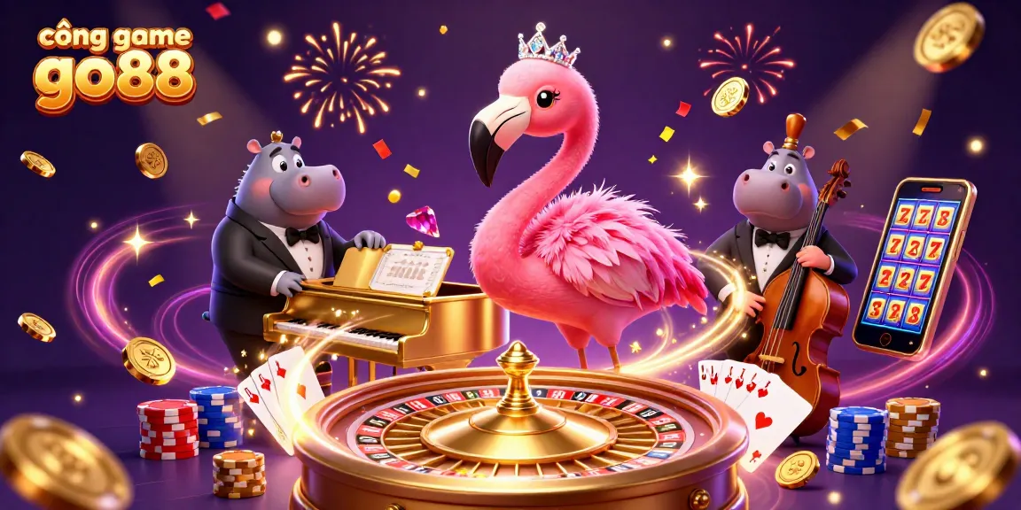 Win big at cổng game go88 with vibrant illustration of lively casino characters and games!