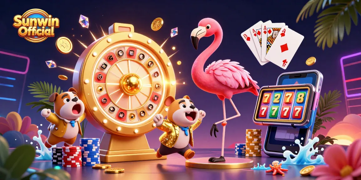 Spin the giant prize wheel with Sunwin Official, enjoying exciting casino games surrounded by dazzling coins and cards.