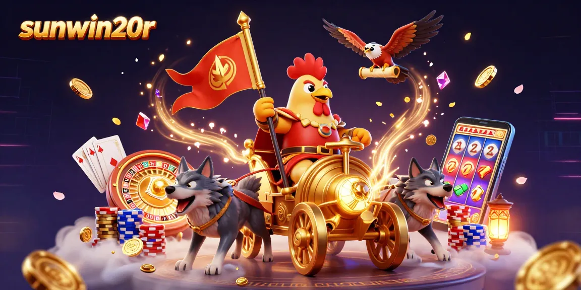 Win big with sunwin20r at this thrilling casino scene featuring gold coins and vibrant games.