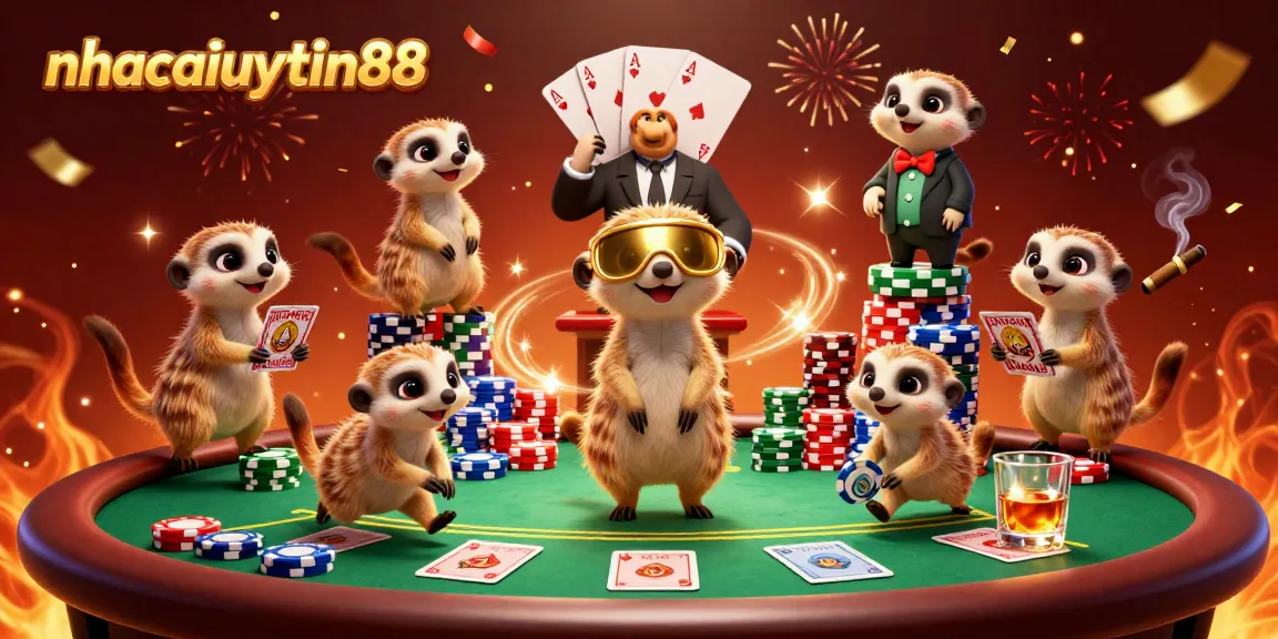 Experience excitement at nhacaiuytin88 with meerkats running a lively casino full of poker chips.