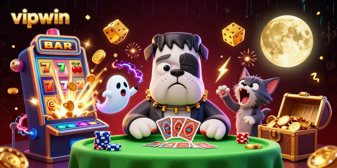 Experience the thrilling games at vipwin, featuring a lively 3D casino scene with unique characters and vibrant symbols.